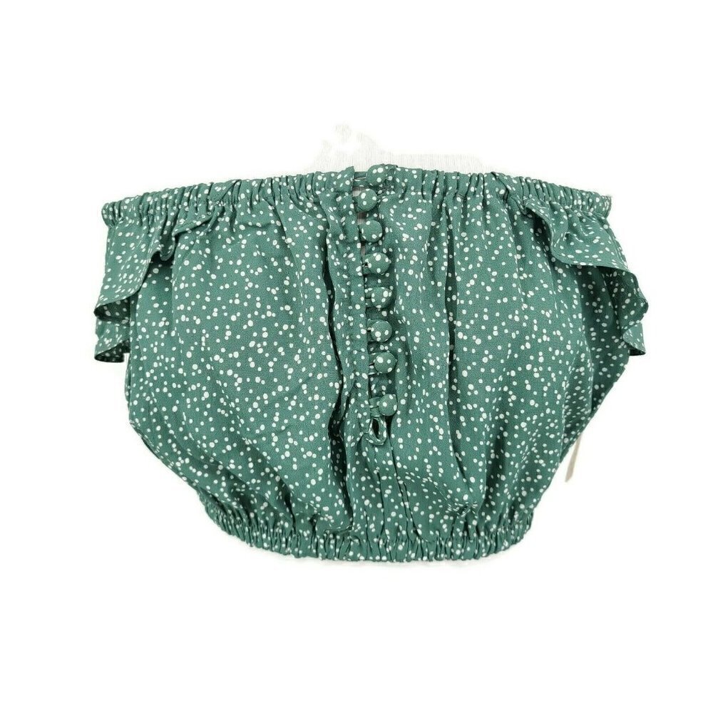 New Flynn Skye Tori Top Womens L Green White Dots Crop Off Shoulder Rayon